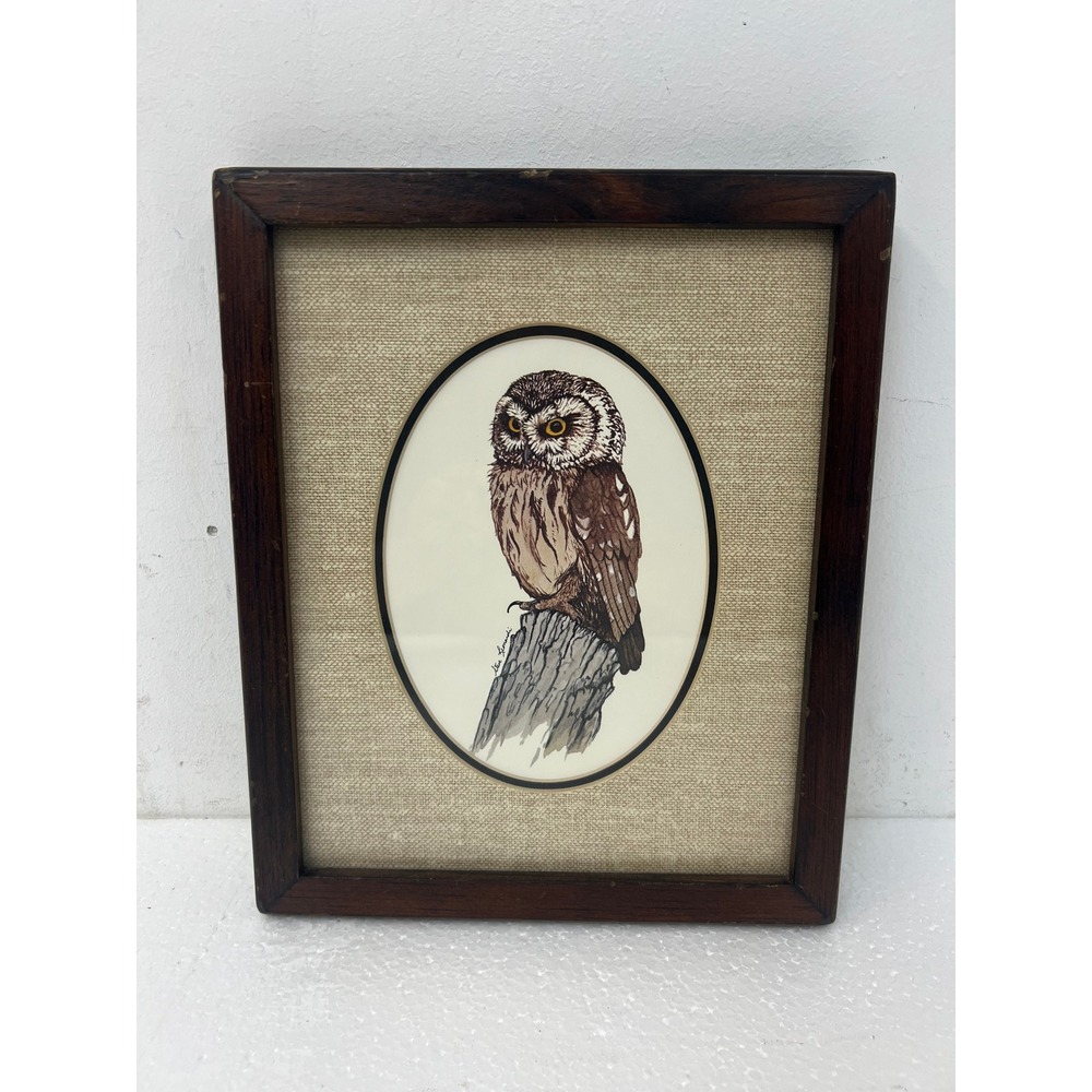 Vintage Owl Print Wood Framed 9x11 Signed Wall Art retro grannycore 70s decor